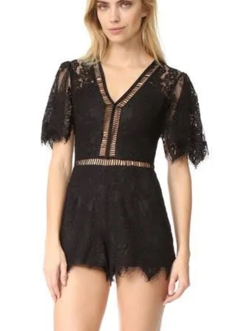 Lovers + Friends Josephine Black Lace Short Sleeve Romper Size L Romantic